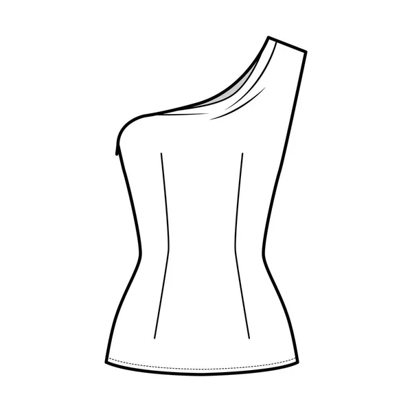 Een-schouder top technische mode-illustratie met gemonteerde body, nauwe pasvorm, mouwloos, zijritssluiting — Stockvector