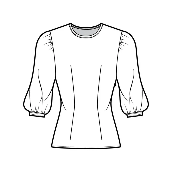 Blouse technische mode illustratie met ronde hals, gezwollen schapenvacht mouwen, gemonteerd lichaam, ritssluiting aan de zijkant. — Stockvector