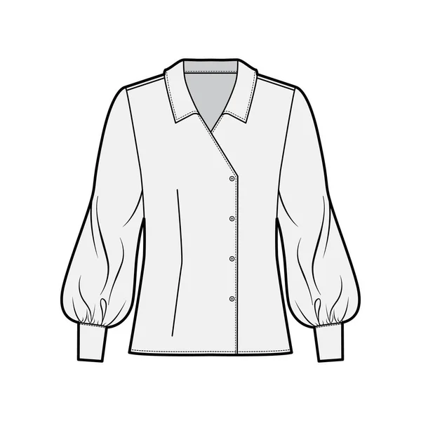 Blusa técnica de moda ilustración con cuello de gran tamaño, cuerpo, manga larga del obispo, doble pecho . — Archivo Imágenes Vectoriales