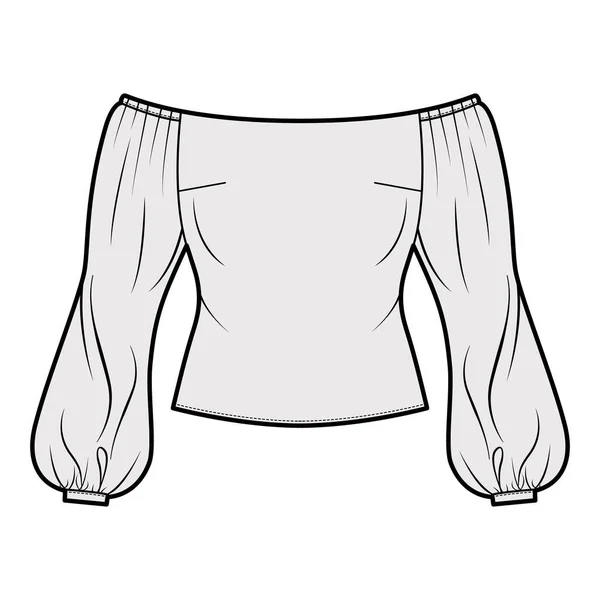 Off-the-shoulder topp teknisk mode illustration med långa skira svullna ärmar, rygg blixtlås — Stock vektor