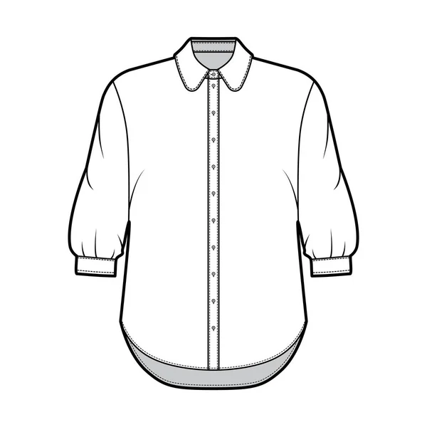 Κλασικό πουκάμισο τεχνική εικόνα μόδας με κουμπί κάτω από το μπροστινό άνοιγμα, στρογγυλό γιακά, μανίκια αγκώνα, oversized — Διανυσματικό Αρχείο