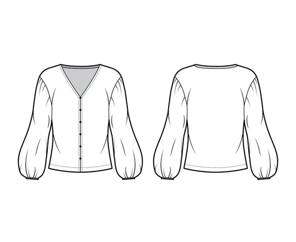 Blusa técnica ilustración de moda con cuello en V, mangas voluminosas caídas, cuerpo de gran tamaño . — Vector de stock