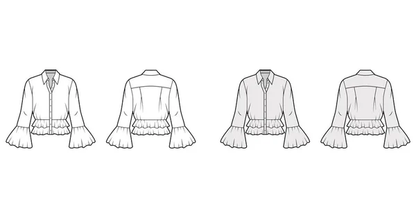Сорочка технічна модна ілюстрація з піхвою, коміром з підставкою, довгими рукавами, об'ємними рифленими манжетами . — стоковий вектор