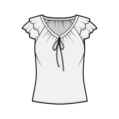 Bluz, V yakasında kravatlı, fırfırlı kısa kollu, gevşek vücutlu..