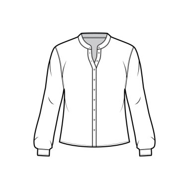 Kıvrımlı mandalina yakalı ve uzun kollu gömlek ve moda illüstrasyonu..