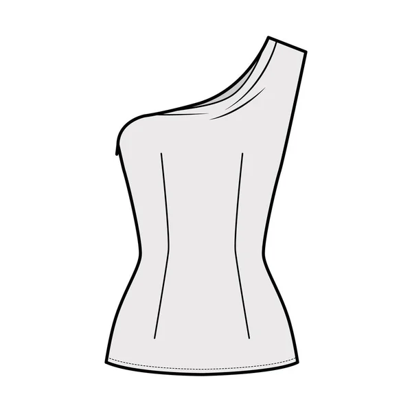 Een-schouder top technische mode-illustratie met gemonteerde body, nauwe pasvorm, mouwloos, zijritssluiting — Stockvector