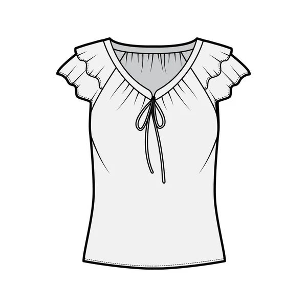 Μπλούζα τεχνική απεικόνιση μόδας με γραβάτες στο V ντεκολτέ, fluttery βολάν κοντά μανίκια, χαλαρά τοποθετηθεί το σώμα. — Διανυσματικό Αρχείο