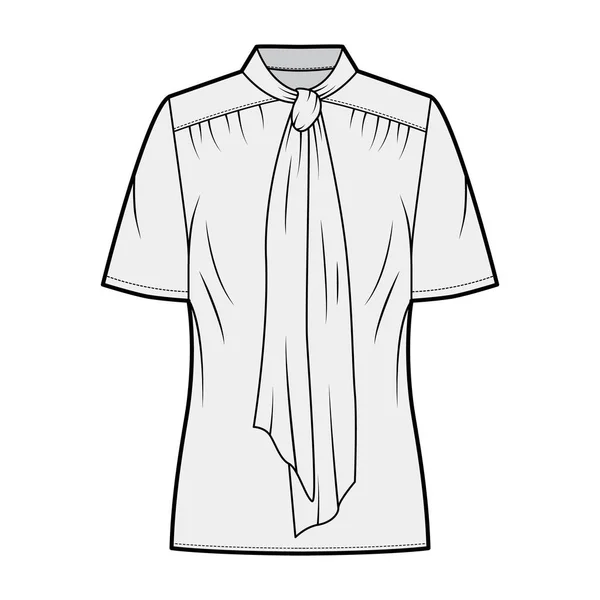 Pussy-bow blouse technical fashion illustration with oversized body, loose fit, short sleeves. — 图库矢量图片