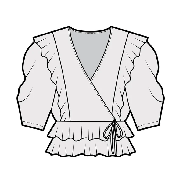 Roes wrap blouse technische mode illustratie met peplum zoom, elleboog volume mouwen. — Stockvector