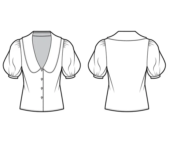 Blusa técnica moda ilustração com colarinho enquadrando o mergulho V pescoço oversized médio mangas inchadas e corpo . —  Vetores de Stock