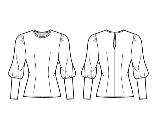 Blusa técnica moda ilustração com decote redondo, mangas de carneiro inchado, corpo equipado, fecho de correr lateral . — Vetor de Stock