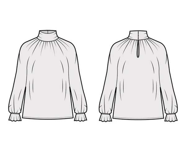 Blusa cuello alto técnica moda ilustración con mangas largas, volantes volantes puños, cuerpo de gran tamaño . — Vector de stock