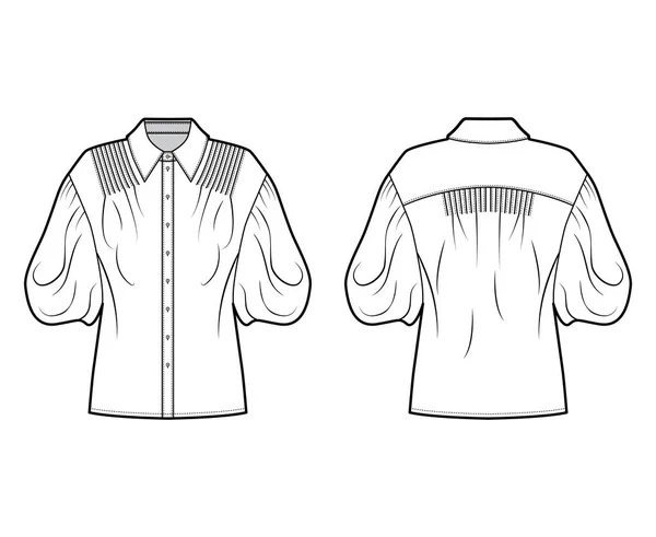 Camisa técnica de moda ilustración con mangas de soplo de codo, cuerpo de gran tamaño, pintucks, sujeciones de botón delantero . — Vector de stock