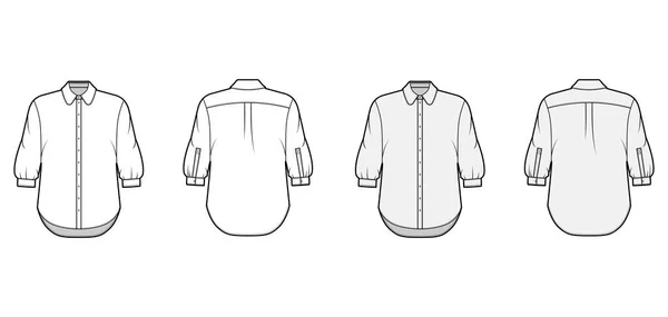 전형적 인 셔츠 기술적 인 패션 일러스트는 전면 개방, 둥근 칼라, 팔꿈치 소매, 너무 큰 크기로 설정 — 스톡 벡터