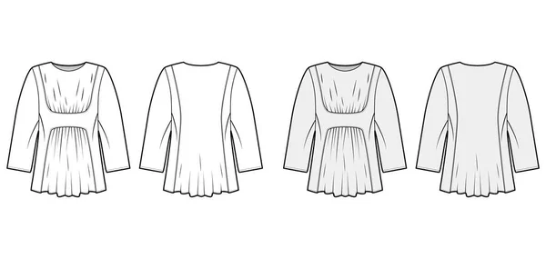 Blusa técnica de moda ilustração com corpo de grandes dimensões, reuniu frente e verso, para um efeito plissado, mangas compridas . — Vetor de Stock