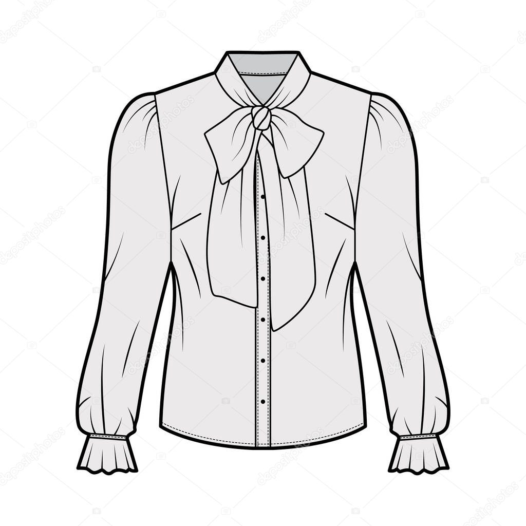 Pussy-bow blouse technical fashion illustration with long blouson sleeves, flouncy ruffled cuffs, fitted body