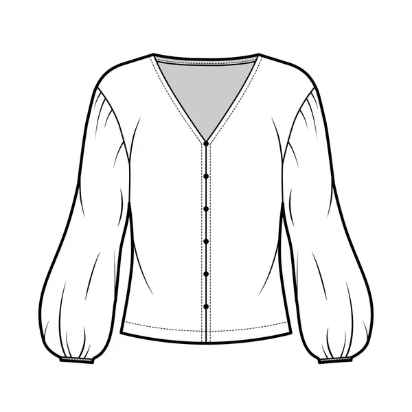 Vネックで技術的なファッションイラストをブラウス,ボリュームのある袖をドロップ,特大ボディ. — ストックベクタ