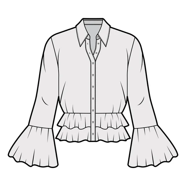 Skjorta teknisk mode illustration med peplum fåll, krage med stativ, långa ärmar, voluminösa veckade muddar. — Stock vektor