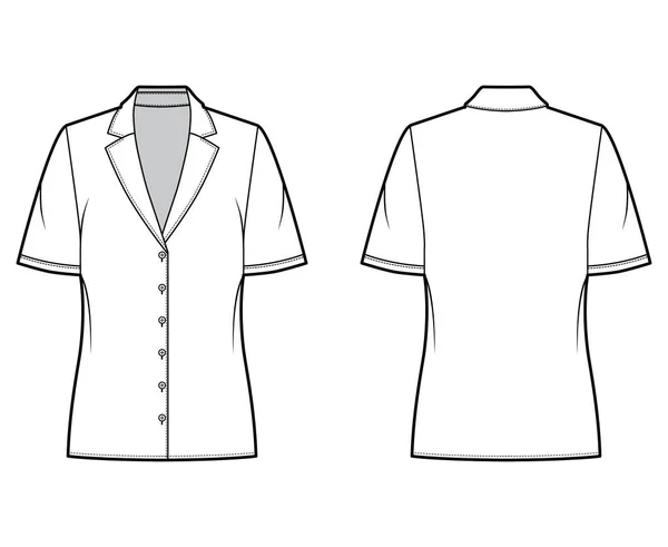 Pajama stil blus teknisk mode illustration med retro camp krage, korta ärmar, lös passform kropp. — Stock vektor