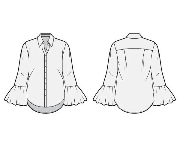 Klassisk skjorta teknisk mode illustration med skarp krage, voluminösa veckade muddar, långa ärmar, oversized — Stock vektor
