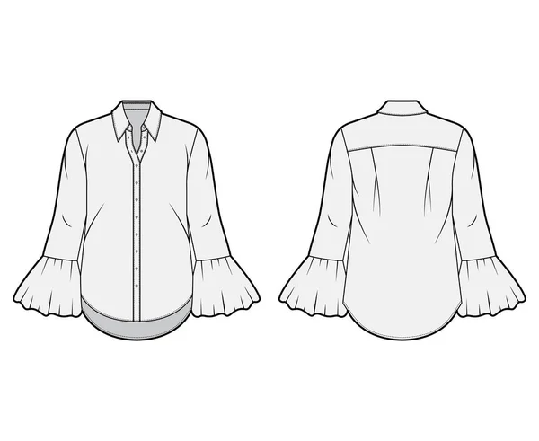 Ilustración de moda técnica de camisa clásica con cuello afilado, puños estriados voluminosos, mangas largas, de gran tamaño — Archivo Imágenes Vectoriales