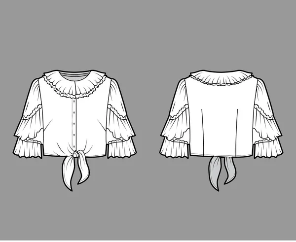 Gehakte tie-front blouse technische mode illustratie met ruches kraag en mouwen, front knop bevestiging. — Stockvector