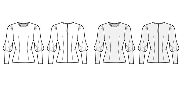 Blouse technische mode illustratie set met ronde hals, gezwollen schapenvacht mouwen, pasvorm lichaam, ritssluiting aan de zijkant. — Stockvector