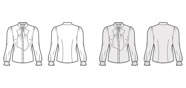 Pussy-bow blouse technical fashion illustration with long blouson sleeves, flouncy ruffled cuffs, fitted body — Διανυσματικό Αρχείο