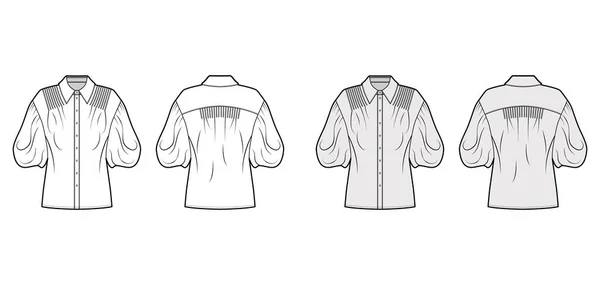 Shirt technische mode illustratie met elleboog puff mouwen, oversized body, pintucks, front knop bevestigingen. — Stockvector