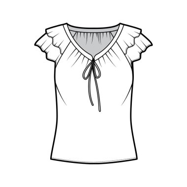 Bluz, V yakasında kravatlı, fırfırlı kısa kollu, gevşek vücutlu..