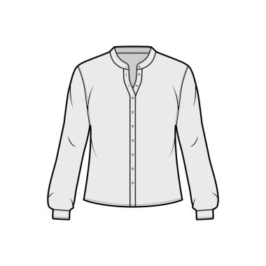 Kıvrımlı mandalina yakalı ve uzun kollu gömlek ve moda illüstrasyonu..