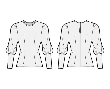 Blouse technical fashion illustration with round neckline, puffy mutton sleeves, fitted body, side zip fastening. clipart
