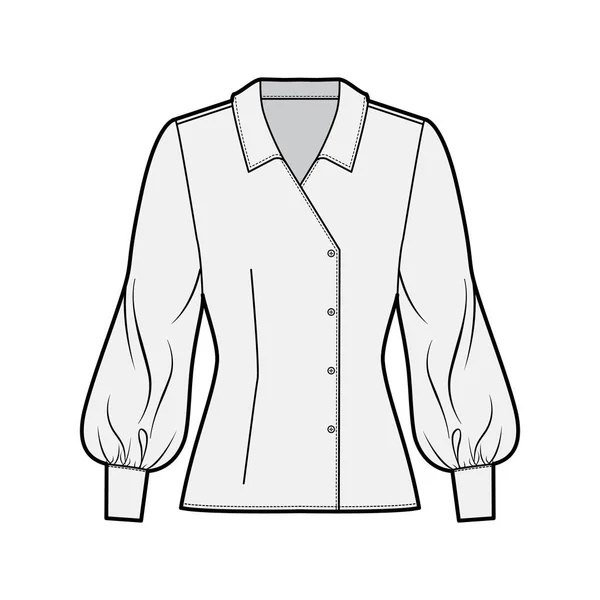 Blouse technical fashion illustration with regular collar, long bishop sleeves, fitted body, double breasted. — Stock Vector