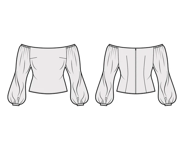 Off-the-shoulder topp teknisk mode illustration med långa skira svullna ärmar, rygg blixtlås — Stock vektor
