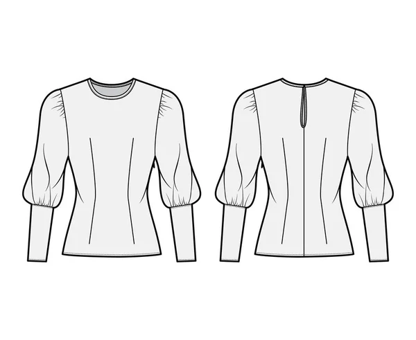 Blusa ilustración técnica de moda con escote redondo, mangas de cordero hinchadas, cuerpo ajustado, cierre lateral de cremallera . — Vector de stock