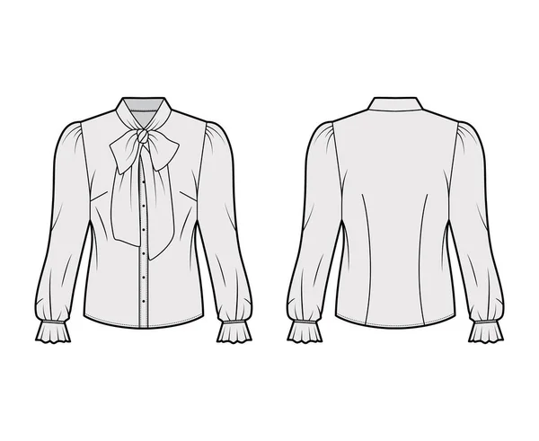 Pussy-bow blouse technical fashion illustration with long blouson sleeves, flouncy ruffled cuffs, fitted body — Image vectorielle