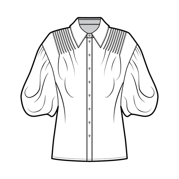Skjorta teknisk mode illustration med armbåge puff ärmar, överdimensionerad kropp, hängmattor, främre knappfästen. — Stock vektor