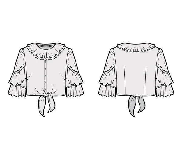 Cropped tie-front blusa técnica moda ilustração com gola babados e mangas, botão frontal de fixação . — Vetor de Stock