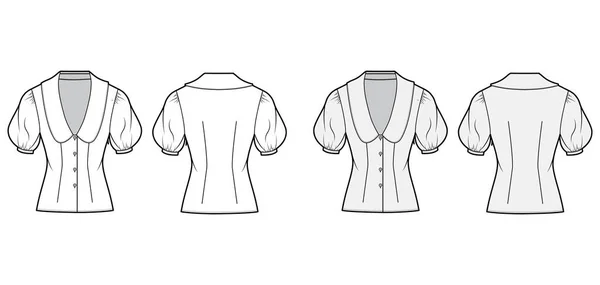 Blusa técnica moda ilustración conjunto con cuello enmarcando el cuello en V hundiendo, mangas hinchadas medianas de gran tamaño — Vector de stock