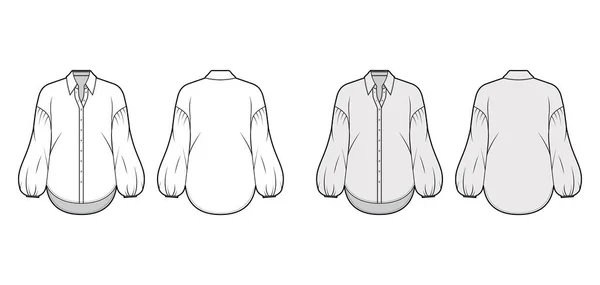 Camicia tecnica illustrazione di moda con colletto stand, maniche lunghe sbuffo caduto, corpo sovradimensionato. — Vettoriale Stock