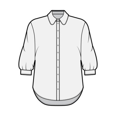 Klasik gömlek teknik tasviri. Önü düğmeli, yakalı, dirsek kollu, büyük beden.