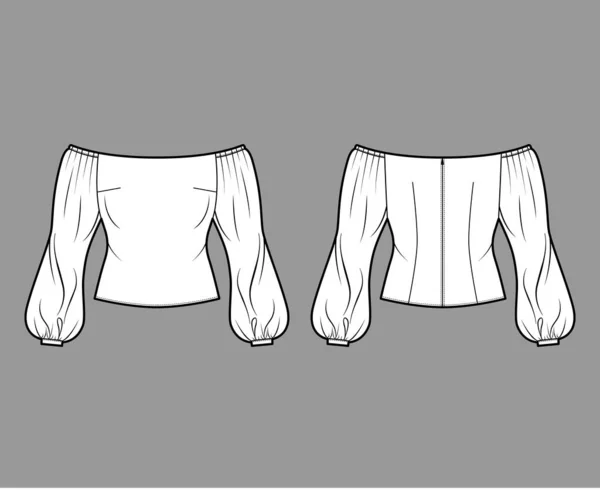 Ilustración de moda técnica superior fuera del hombro con mangas hinchadas largas y transparentes, cierre de cremallera trasera — Vector de stock
