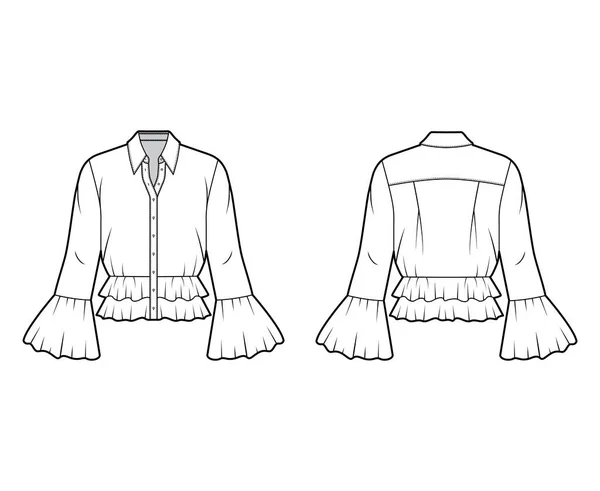 Camisa técnica de moda ilustración con dobladillo de peplum, cuello con soporte, mangas largas, puños estriados voluminosos . — Vector de stock