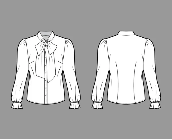 Pussy-bow blouse technical fashion illustration with long blouson sleeves, flouncy ruffled cuffs, fitted body — ストックベクタ