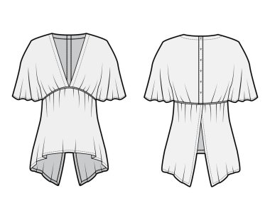 Dirsek dairesi kollu, V yakalı, yırtık kenarlı ve arkadan bağcıklı bluzlar..