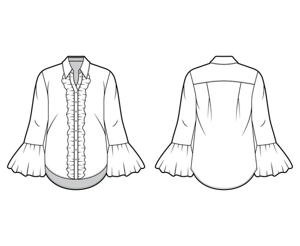 Chemise à volants illustration de mode technique avec col pointu, poignets volumineux cannelés, manches longues, corps surdimensionné — Image vectorielle