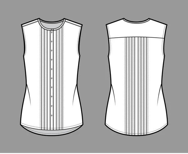 Blusa Pintucked ilustración técnica de moda con cuello redondo, sin mangas, cuerpo de gran tamaño, sujeciones de botón delantero . — Vector de stock