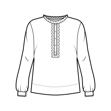 Büyük bedenli tişört teknik tasviri, ön tarafa gizlenmiş düğmeler, hassas fırfırlar.