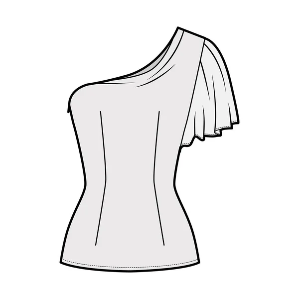 Ilustración de moda técnica superior de un hombro con cuerpo ajustado, ajuste cercano, sin mangas, cierre lateral de cremallera — Vector de stock