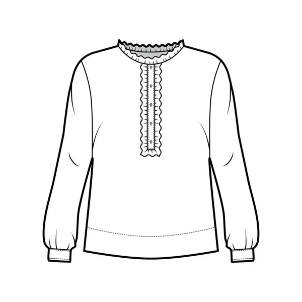 Рубашка техническая модная иллюстрация с крупногабаритным корпусом, скрытые пуговицы спереди, тонкие оборки — стоковый вектор